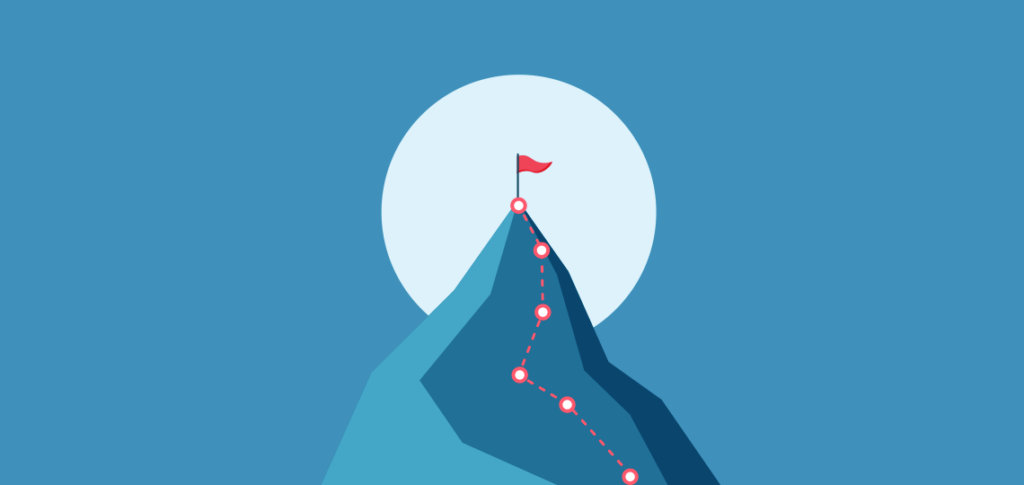 A red goal flag placed on top of a mountain with clear waypoints depicted for reaching it.