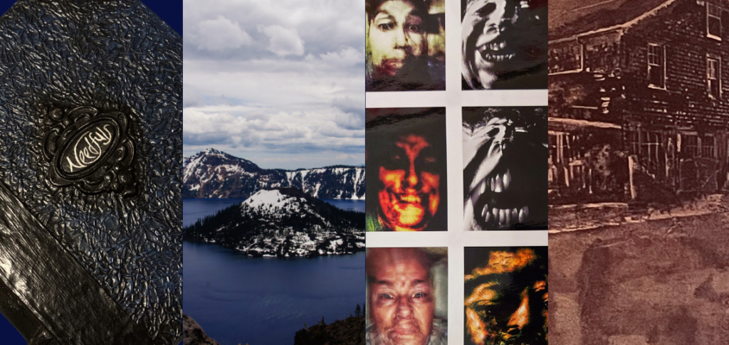 A collection of four artworks are cropped and arranged side-by-side including a photo of a 'book' titled "NEEDFULS", a lake, portraits of a man, and a brown-etched plate of houses.