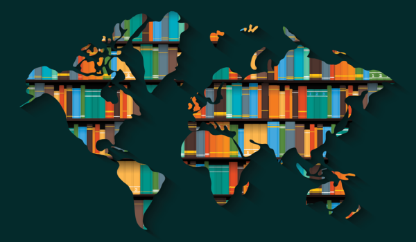 A map of the world where continents are superimposed with shelves of colorful books.